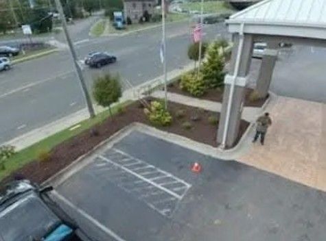 Mulched beds with young shrubs along a commercial entrance and parking lot beside a busy road